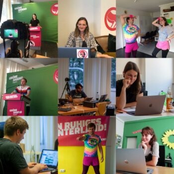 Mosaik aus Fotos vom Online-Kongress, Personen vor Computern und am Redepult